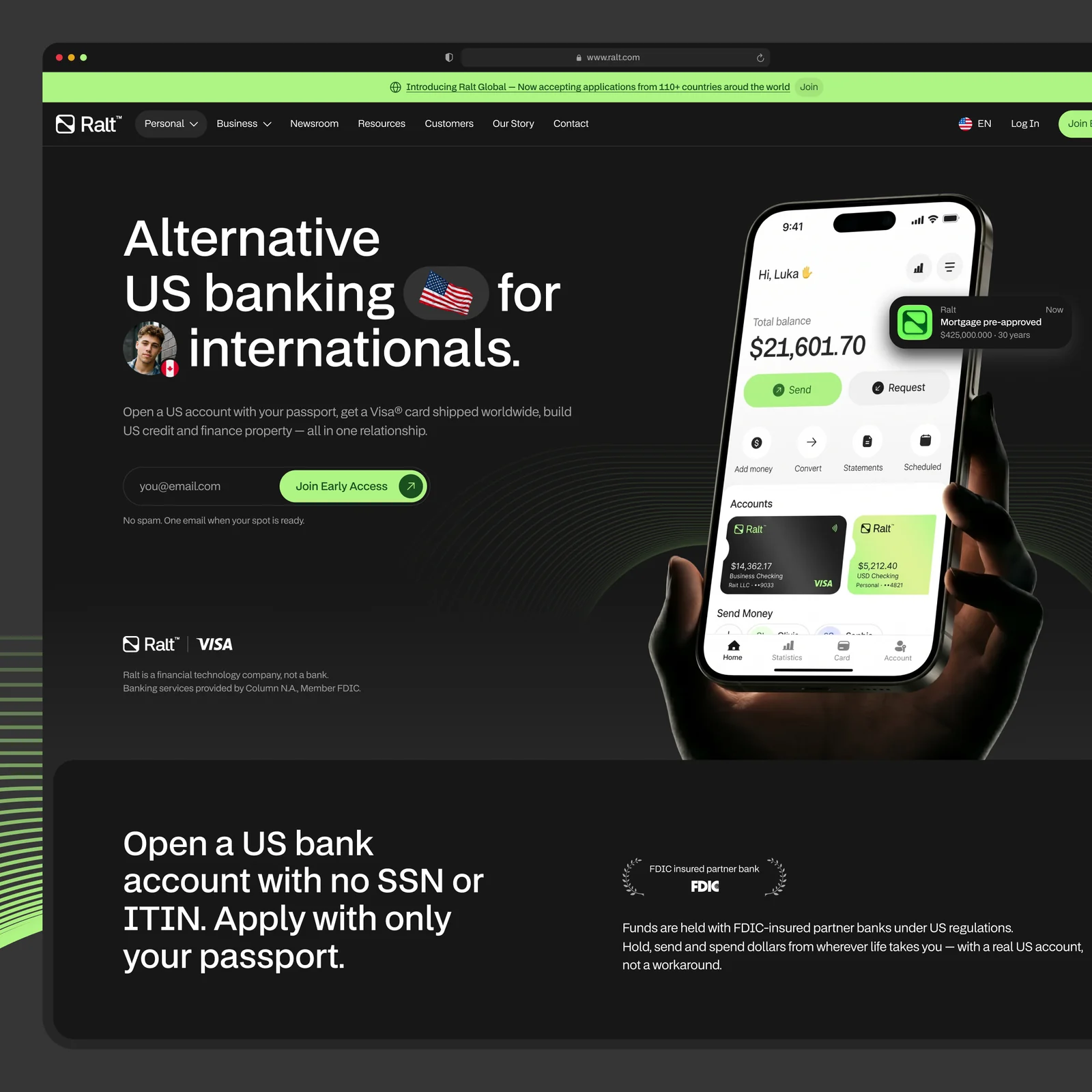 Ralt website hero with the mobile app